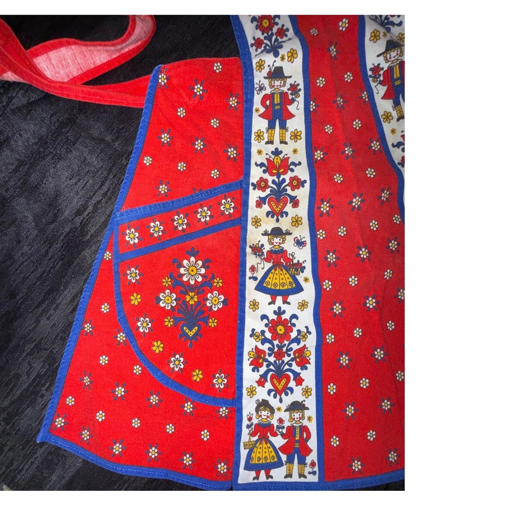 Vintage Kolf Austrian German Folk Art Child Apron Red Blue 2 Pockets - Picture 2 of 8